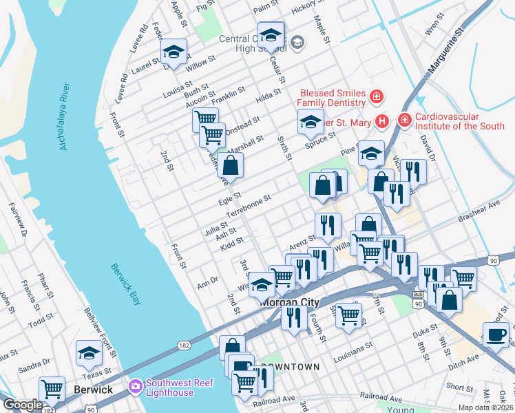 map of restaurants, bars, coffee shops, grocery stores, and more near 512 Terrebonne Street in Morgan City