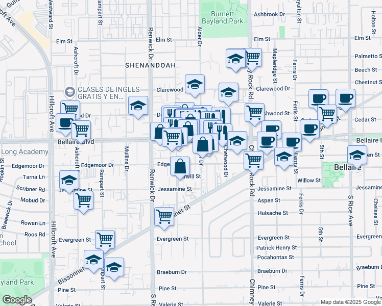 map of restaurants, bars, coffee shops, grocery stores, and more near 5704 Edgemoor Drive in Houston