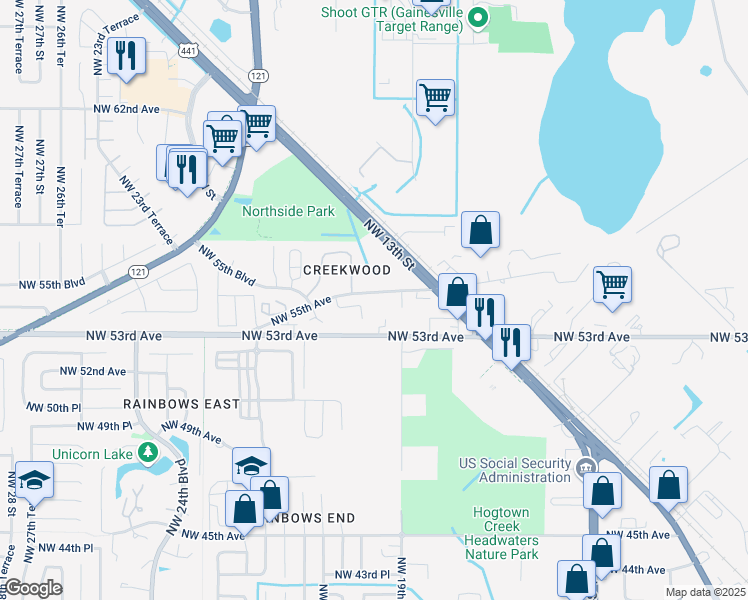 map of restaurants, bars, coffee shops, grocery stores, and more near 1919 Northwest 55th Avenue in Gainesville