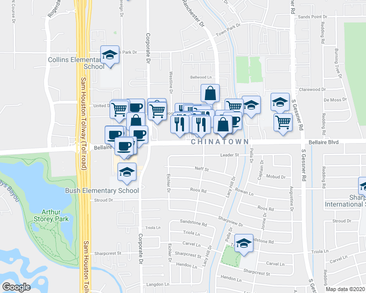 map of restaurants, bars, coffee shops, grocery stores, and more near 9407 Bellaire Boulevard in Houston