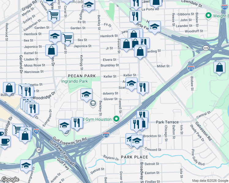 map of restaurants, bars, coffee shops, grocery stores, and more near 7813 Arberry Street in Houston