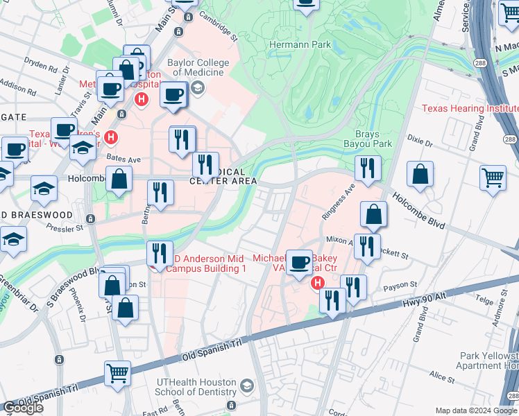 map of restaurants, bars, coffee shops, grocery stores, and more near 6844 Staffordshire in Houston