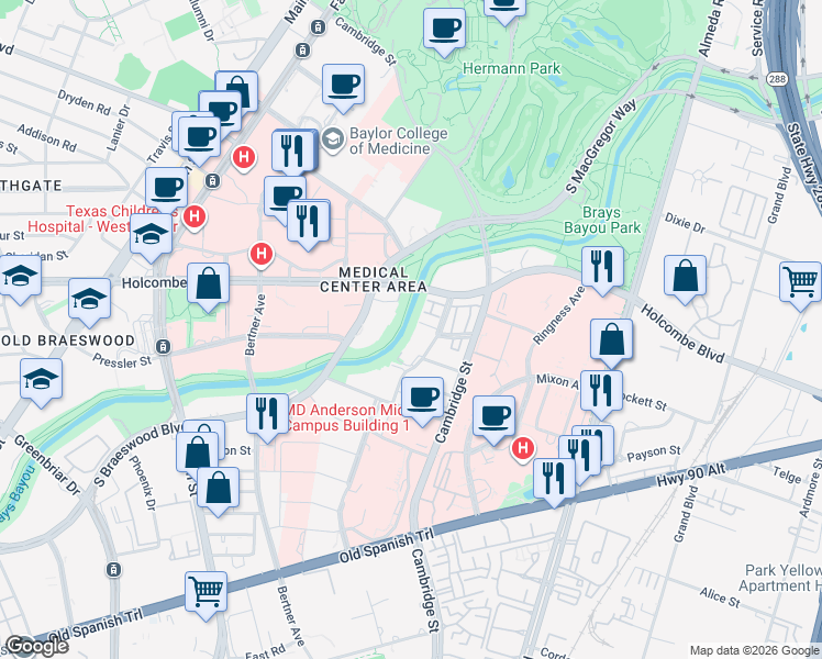 map of restaurants, bars, coffee shops, grocery stores, and more near 6818 Staffordshire in Houston
