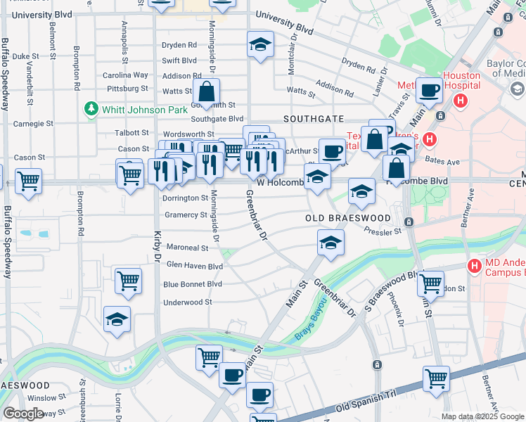 map of restaurants, bars, coffee shops, grocery stores, and more near 7000 Greenbriar Drive in Houston