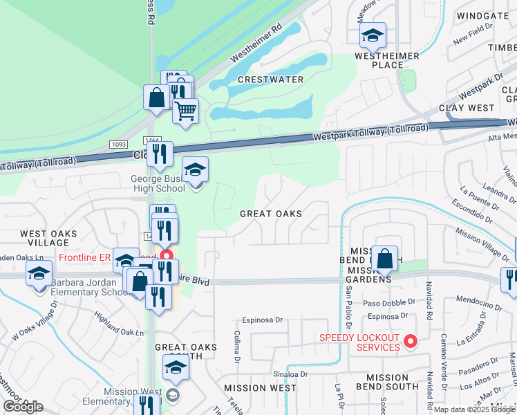 map of restaurants, bars, coffee shops, grocery stores, and more near 16706 Great Oaks Glen Drive in Houston