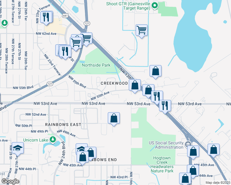 map of restaurants, bars, coffee shops, grocery stores, and more near 5415 Northwest 20 Court in Gainesville