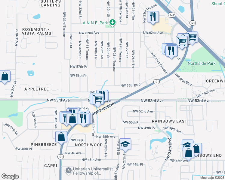map of restaurants, bars, coffee shops, grocery stores, and more near 2830 Northwest 54 Avenue in Gainesville