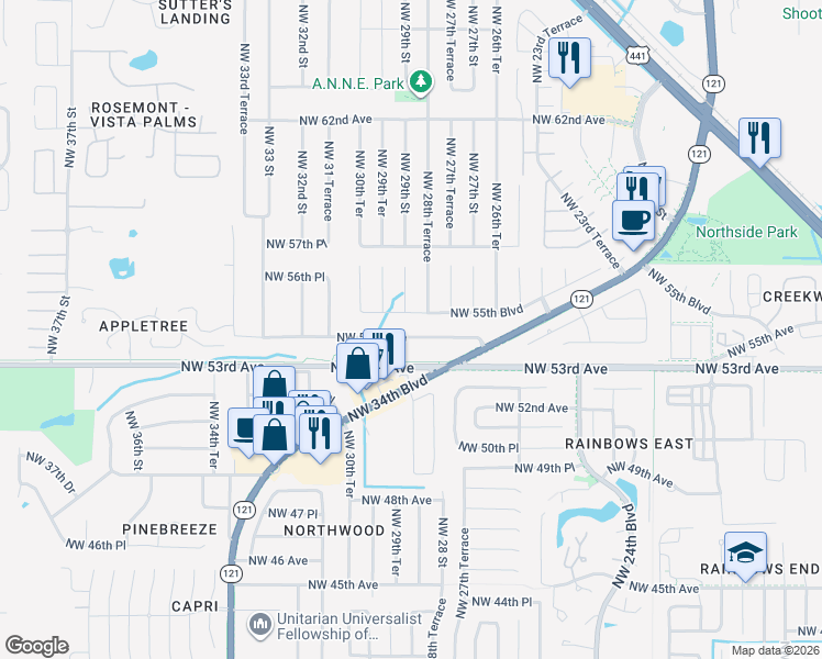 map of restaurants, bars, coffee shops, grocery stores, and more near 2830 Northwest 54 Avenue in Gainesville
