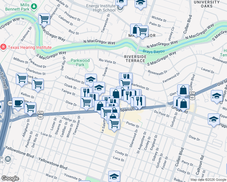 map of restaurants, bars, coffee shops, grocery stores, and more near 3731 Odin Court in Houston