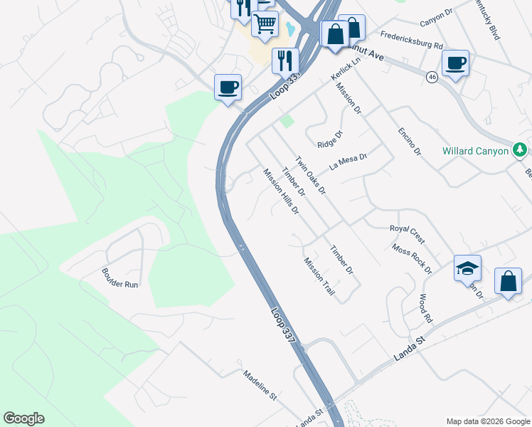 map of restaurants, bars, coffee shops, grocery stores, and more near 632 Mission View Court in New Braunfels