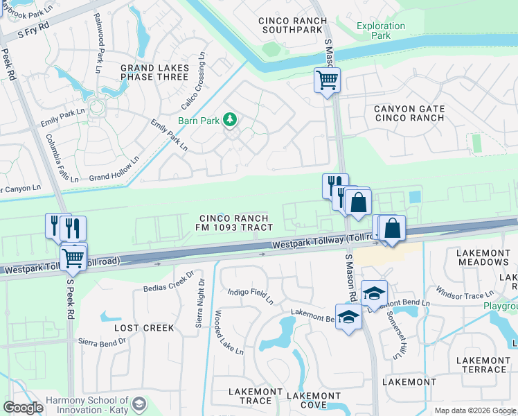 map of restaurants, bars, coffee shops, grocery stores, and more near 21006 Barker Canyon Lane in Katy