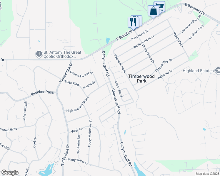 map of restaurants, bars, coffee shops, grocery stores, and more near 27314 Trinity Cross in San Antonio