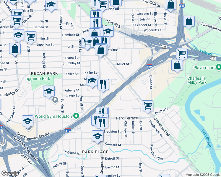 map of restaurants, bars, coffee shops, grocery stores, and more near 2505 Broadway Street in Houston