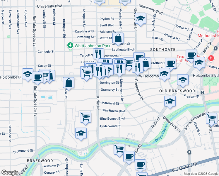 map of restaurants, bars, coffee shops, grocery stores, and more near 2502 Gramercy Street in Houston