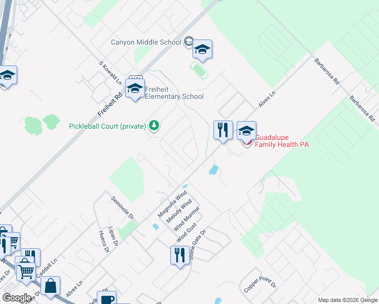 map of restaurants, bars, coffee shops, grocery stores, and more near 293-321 Alves Lane in New Braunfels