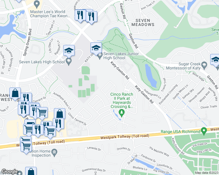 map of restaurants, bars, coffee shops, grocery stores, and more near 24418 Ranchwood Springs Lane in Katy