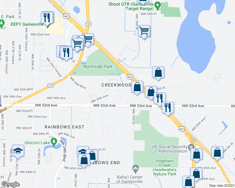map of restaurants, bars, coffee shops, grocery stores, and more near 5415 Northwest 20th Court in Gainesville