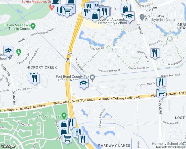 map of restaurants, bars, coffee shops, grocery stores, and more near 22507 Mossy Trails Court in Katy