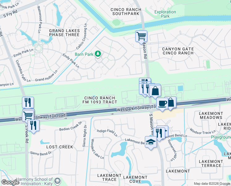 map of restaurants, bars, coffee shops, grocery stores, and more near 21002 Barker Canyon Lane in Katy