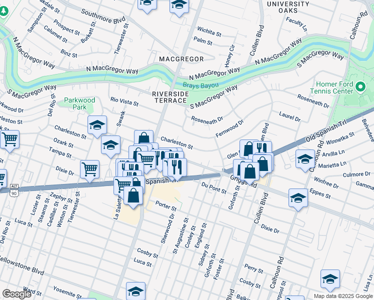 map of restaurants, bars, coffee shops, grocery stores, and more near 3926 Charleston Street in Houston