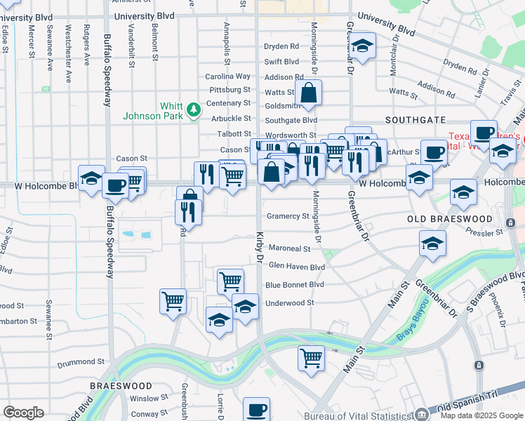 map of restaurants, bars, coffee shops, grocery stores, and more near 2526 Gramercy Street in Houston
