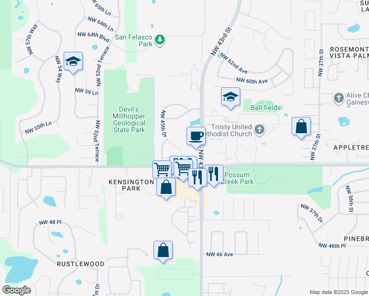 map of restaurants, bars, coffee shops, grocery stores, and more near 5413 Northwest 45 Drive in Gainesville