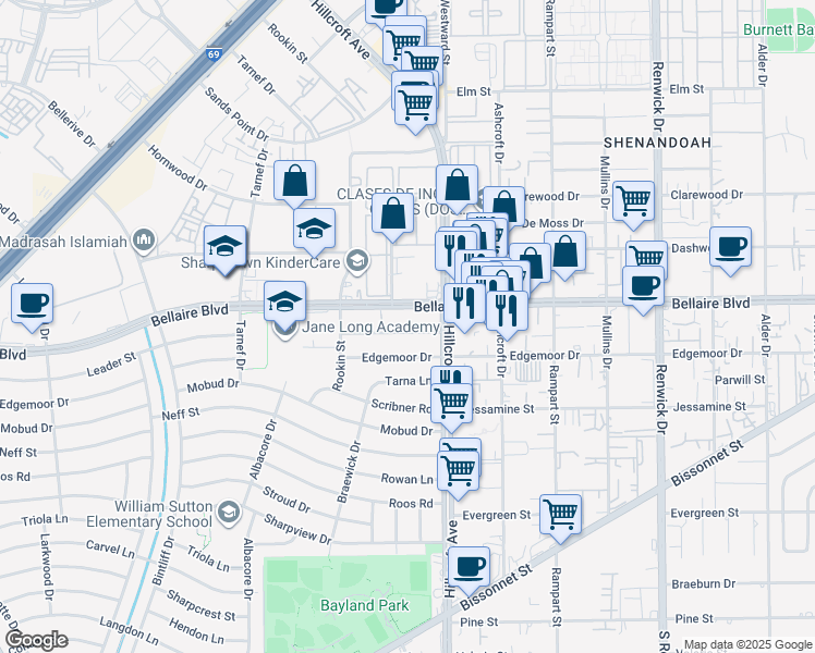 map of restaurants, bars, coffee shops, grocery stores, and more near 6322 Leader Street in Houston