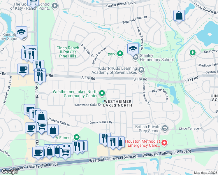 map of restaurants, bars, coffee shops, grocery stores, and more near 26406 Creston Woods Drive in Katy