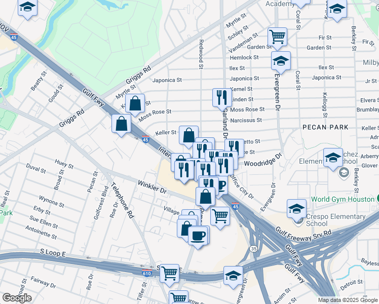 map of restaurants, bars, coffee shops, grocery stores, and more near 6815 Rustic Street in Houston