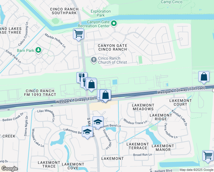 map of restaurants, bars, coffee shops, grocery stores, and more near 20554 Farm to Market Road 1093 in Richmond