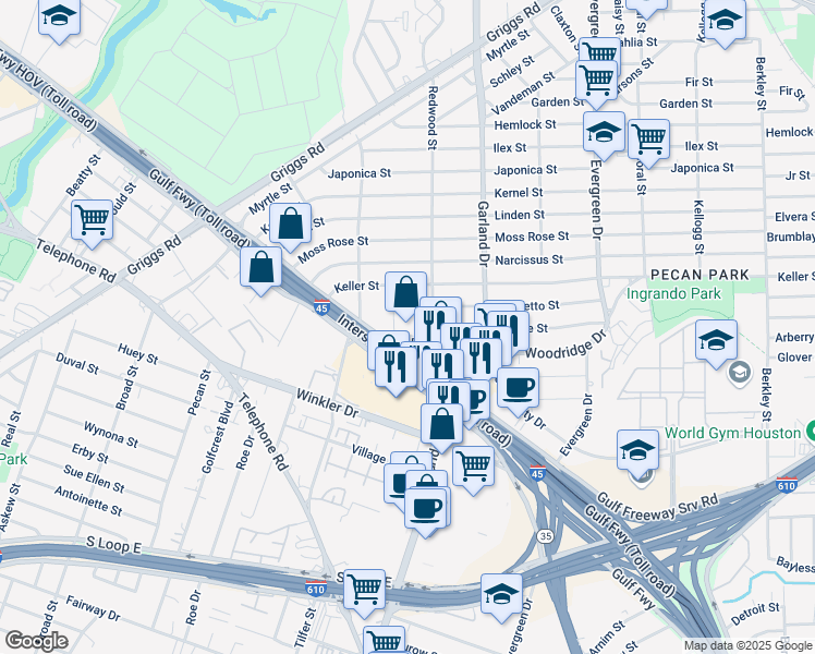 map of restaurants, bars, coffee shops, grocery stores, and more near 6815 Rustic St in Houston