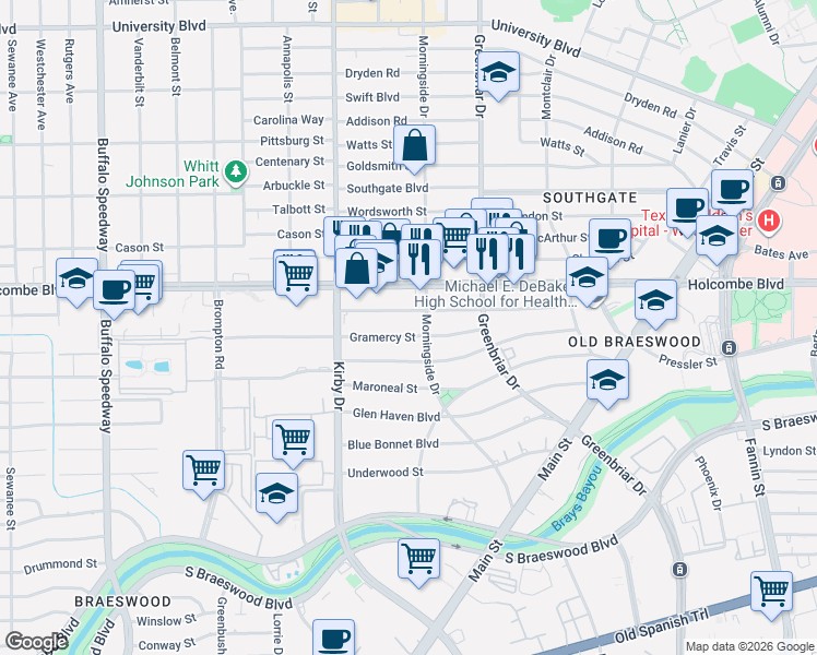 map of restaurants, bars, coffee shops, grocery stores, and more near 2402 Gramercy Street in Houston