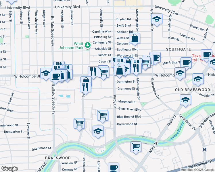 map of restaurants, bars, coffee shops, grocery stores, and more near 2600 Gramercy Street in Houston