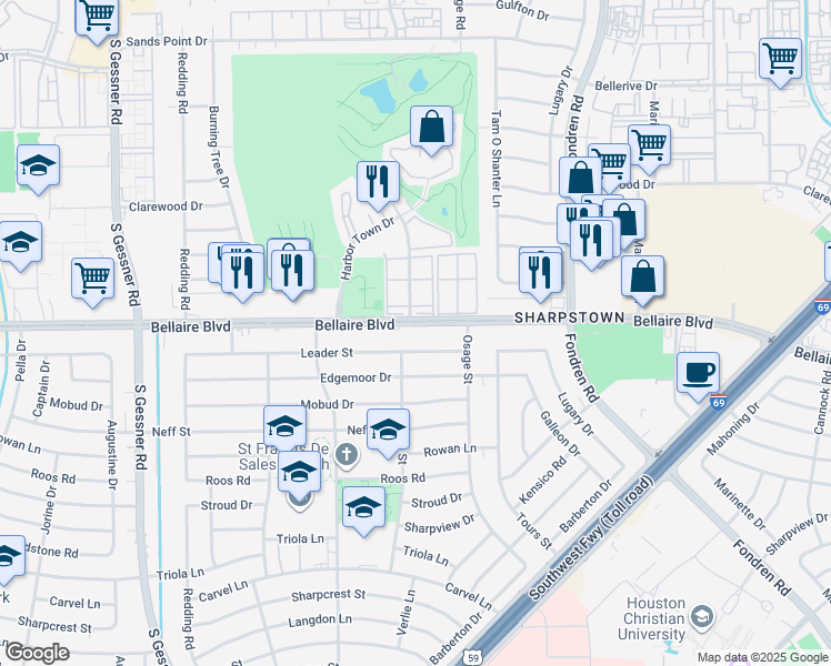 map of restaurants, bars, coffee shops, grocery stores, and more near 8018 Leader Street in Houston