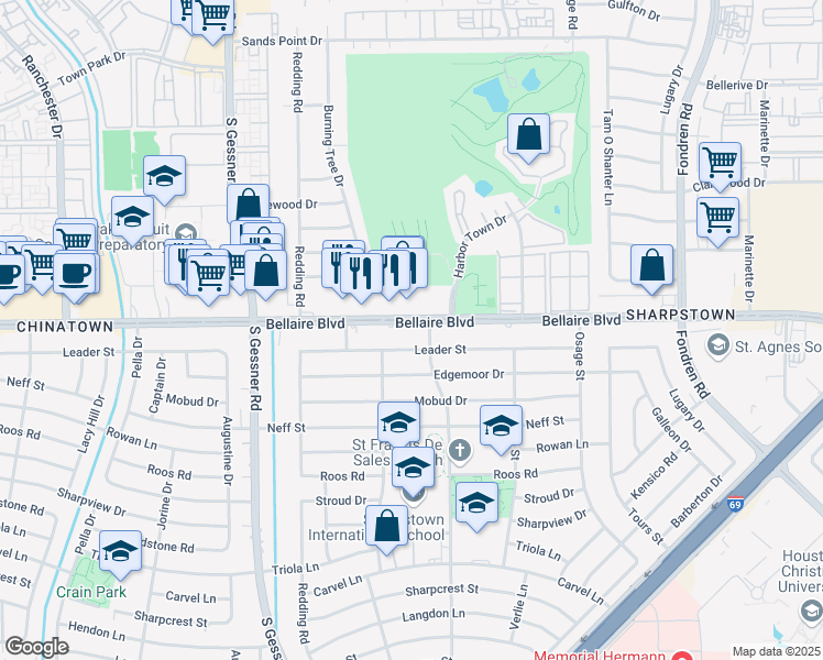 map of restaurants, bars, coffee shops, grocery stores, and more near 8311 Bellaire Boulevard in Houston
