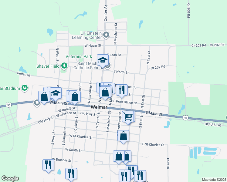 map of restaurants, bars, coffee shops, grocery stores, and more near 201 East Grange Street in Weimar