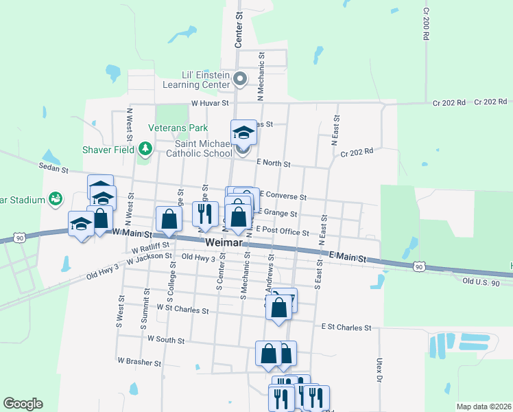 map of restaurants, bars, coffee shops, grocery stores, and more near 201 East Grange Street in Weimar