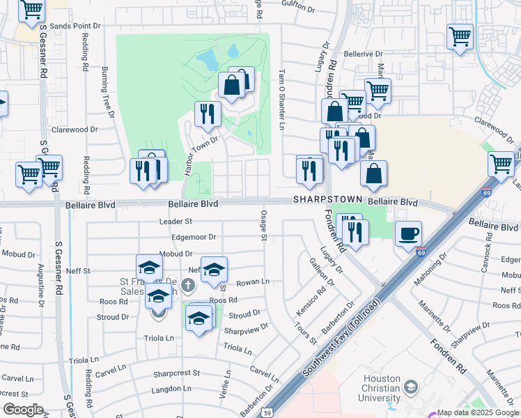 map of restaurants, bars, coffee shops, grocery stores, and more near 7910 Leader Street in Houston