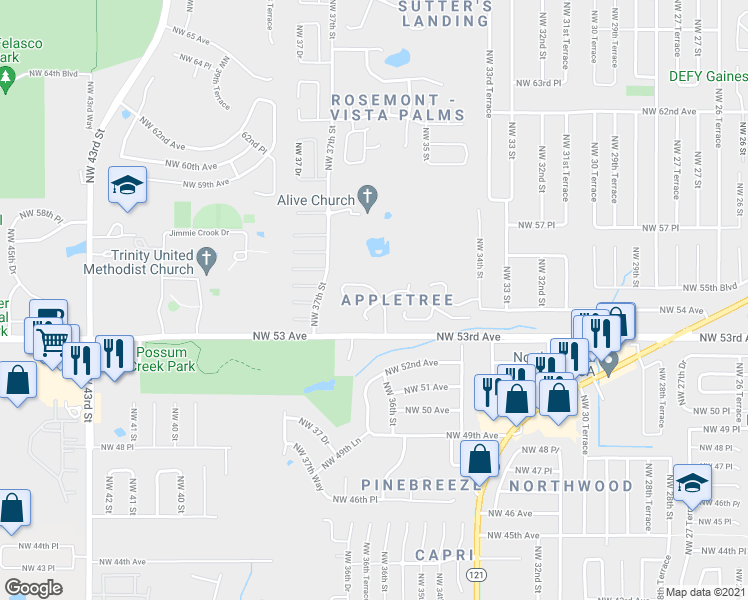 map of restaurants, bars, coffee shops, grocery stores, and more near 3606 Northwest 54th Lane in Gainesville