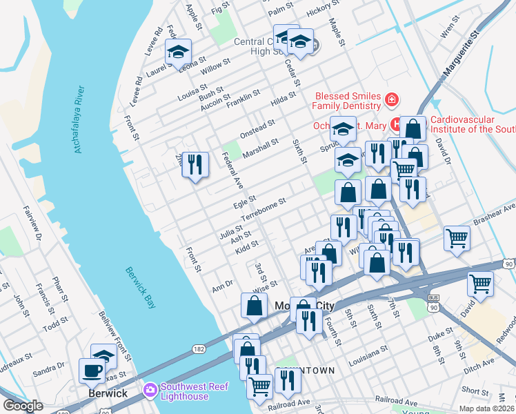 map of restaurants, bars, coffee shops, grocery stores, and more near 512 Terrebonne Street in Morgan City