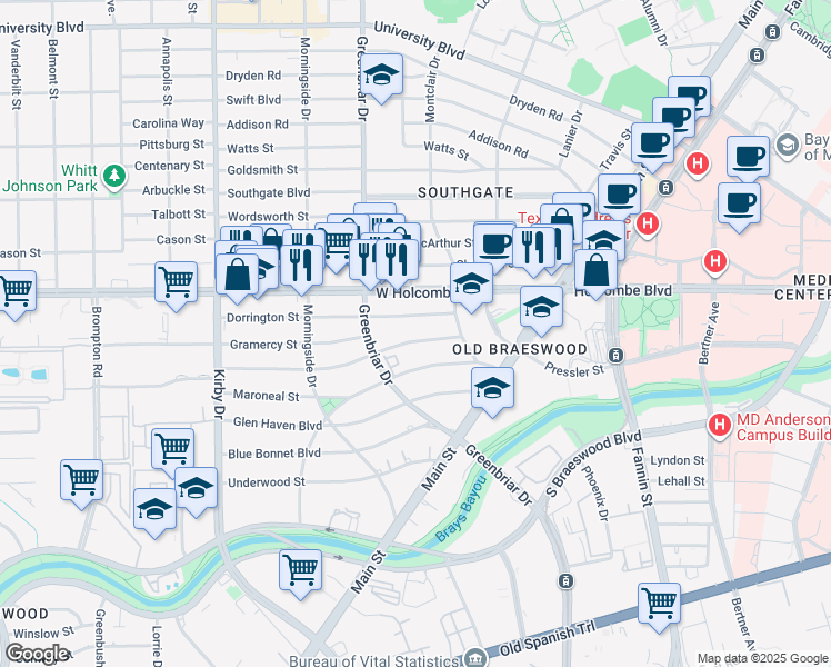 map of restaurants, bars, coffee shops, grocery stores, and more near 2218 Bellefontaine in Houston