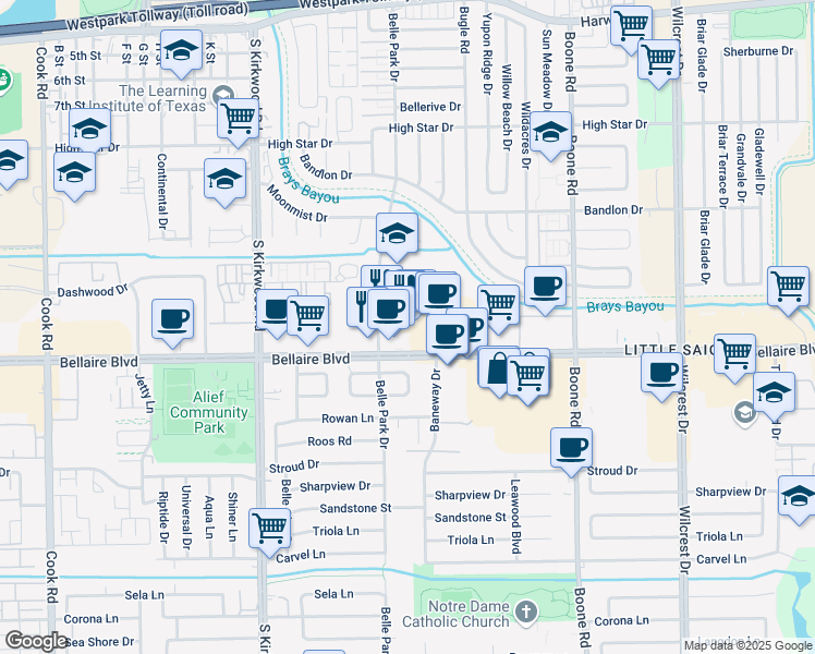 map of restaurants, bars, coffee shops, grocery stores, and more near 11528 Bellaire Boulevard in Houston