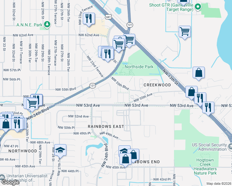 map of restaurants, bars, coffee shops, grocery stores, and more near 5415 Northwest 23rd Terrace in Gainesville