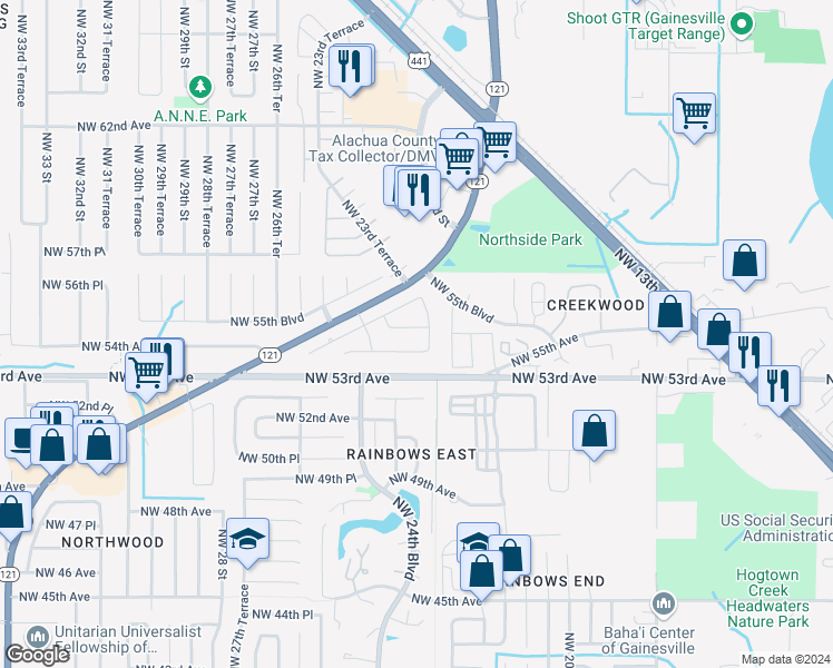 map of restaurants, bars, coffee shops, grocery stores, and more near 2329 Northwest 54 Place in Gainesville