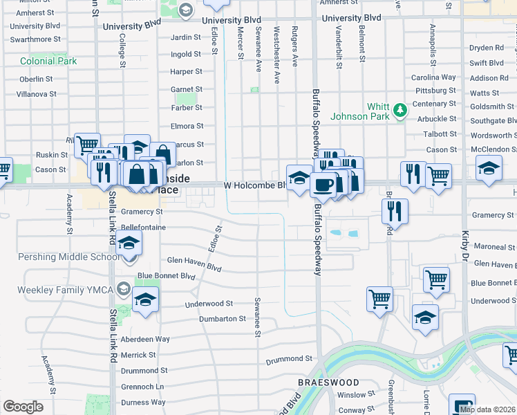 map of restaurants, bars, coffee shops, grocery stores, and more near 7520 Sewanee Street in Houston