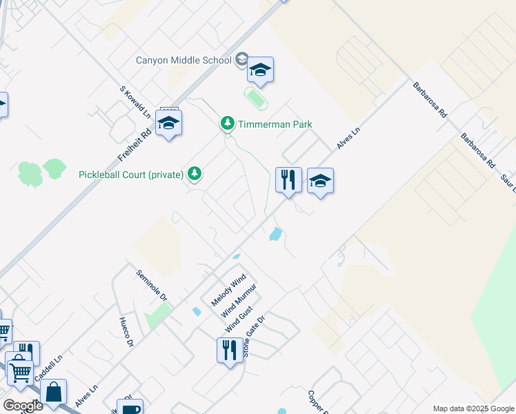 map of restaurants, bars, coffee shops, grocery stores, and more near 293-321 Alves Lane in New Braunfels