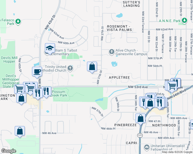 map of restaurants, bars, coffee shops, grocery stores, and more near 3747 Northwest 53rd Road in Gainesville