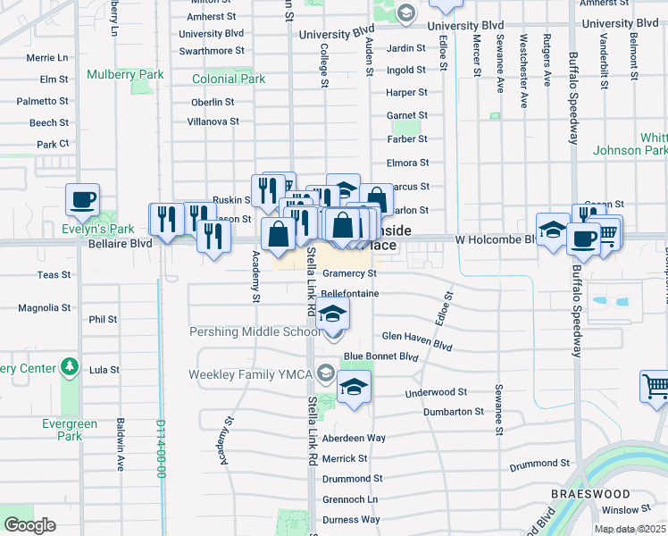 map of restaurants, bars, coffee shops, grocery stores, and more near 3831 Gramercy Street in Houston