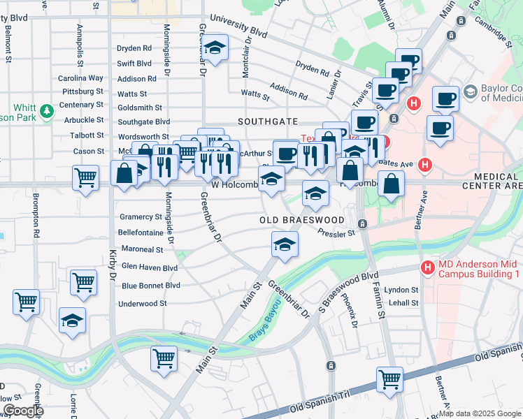 map of restaurants, bars, coffee shops, grocery stores, and more near 2202 Bellefontaine in Houston