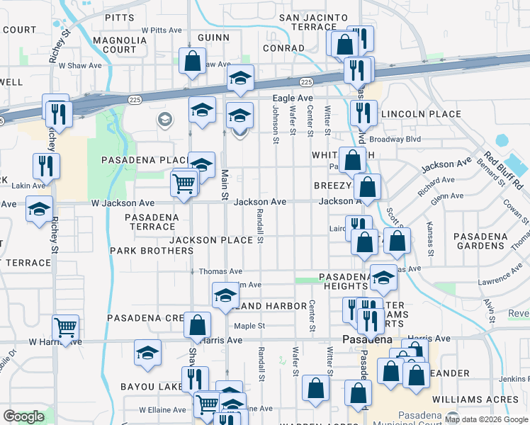 map of restaurants, bars, coffee shops, grocery stores, and more near 512 Johnson Street in Pasadena